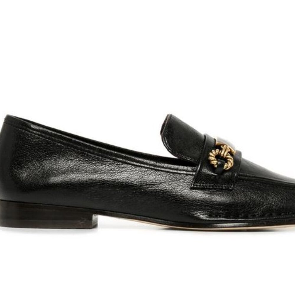 Brand New Tory Burch sz 6.5 Black Leather Loafer Flats Logo Gold Tone Chain